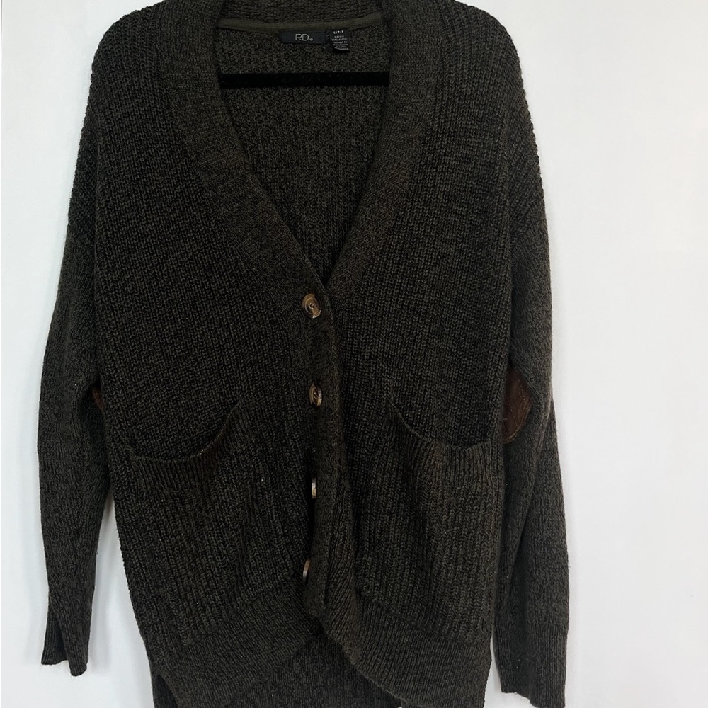 Dark Green Knit Cardigan with Elbow Patches